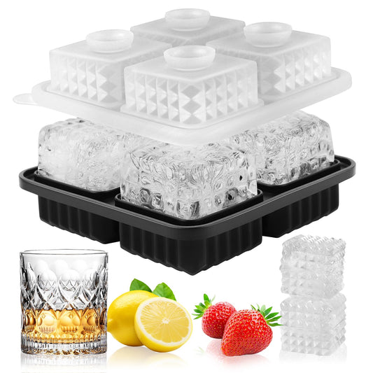 Large Ice Cube Trays Morfone Silicone Rhombus Large Ice Cube Molds Diamond Whiskey with Lids Funnel Design Easy-Release Reusable Ice Ball Maker for Whiskey Cocktail Bourbon Homemade Drinks