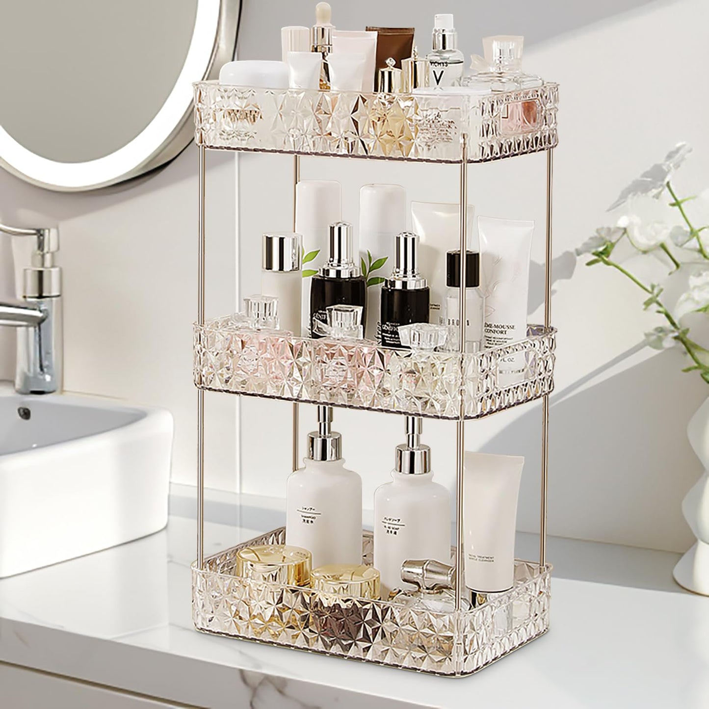 Makeup Organizer for VanityBathroom Countertop Skincare OrganizerMakeup Counter Shelf Perfume Holder RackCosmetic Display Case (Clear3 Tier)