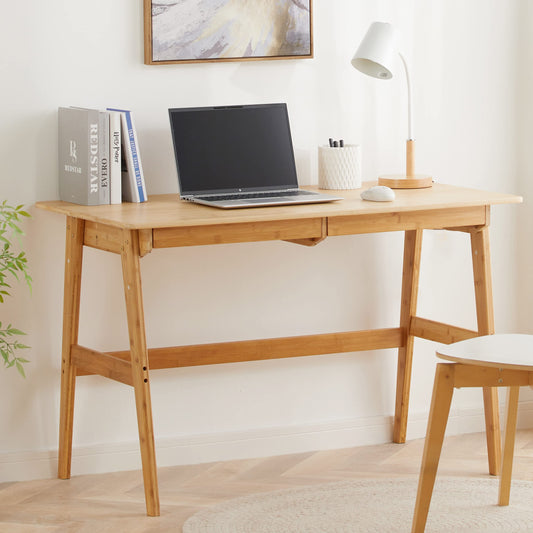 Nnewvante Writing Computer Desk 46" Bamboo Home Office Table with 2 Drawers Modern Furniture Simple Study Makeup Workstation