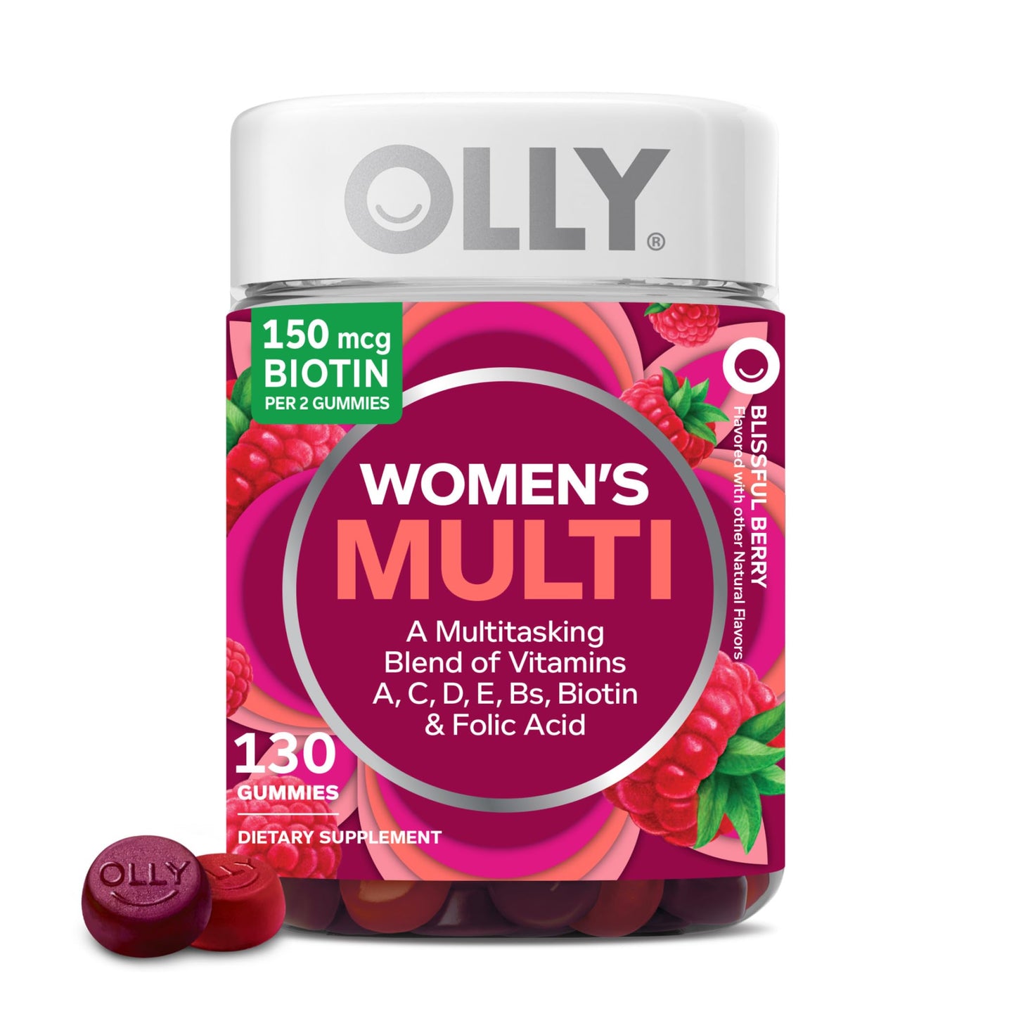 OLLY Womens Multivitamin Gummy Vitamins A D C E Biotin Folic Acid Adult Chewable Vitamin Berry Flavor 65 Day Supply - 130 Count (Packaging May Vary)