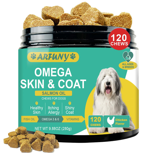Skin and Coat Chews for Dogs - Omega 3 Supplement for Dogs with EPA & DHA Fatty Acids- Fish Oil Chews for Dogs with Salmon Oil & Vitamins - Dog Itchy Dry & Shedding Skin Relief- Chicken 120 Chews