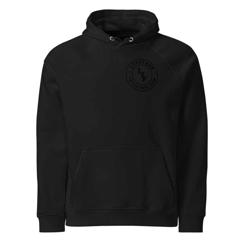 LYF Unisex Eco Raglan Hoodie | SOL'S 03568 in black with a stylish logo on the front.