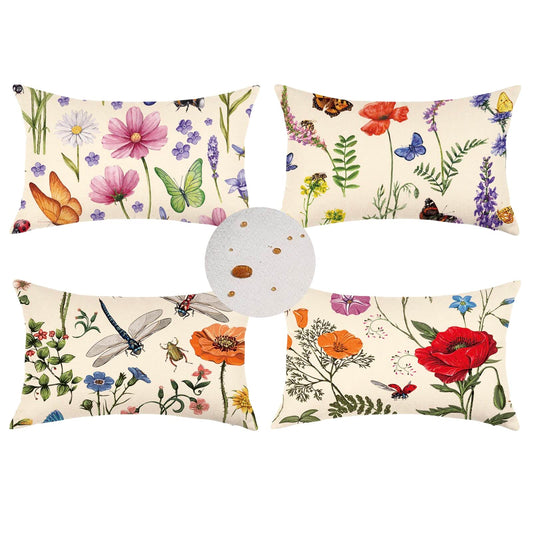 ONWAY Spring Pillow Covers 12x20 Inch Set of 4 Summer Floral Butterfly Outdoor Patio Decorative Throw Pillows Farmhouse Home Decor Cushion Case for Sofa Couch Bed