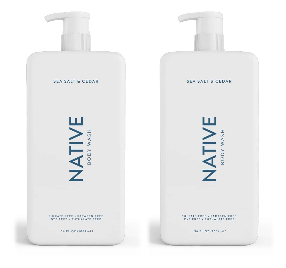 Native Body Wash for Women Men | Sulfate Free Paraben Dye with Naturally Derived Clean Ingredients 36 oz bottle pump- 2 Pack (Sea Salt & Cedar) 72 Fl Oz