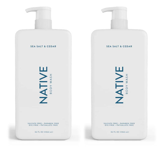 Native Body Wash for Women Men | Sulfate Free Paraben Dye with Naturally Derived Clean Ingredients 36 oz bottle pump- 2 Pack (Sea Salt & Cedar) 72 Fl Oz