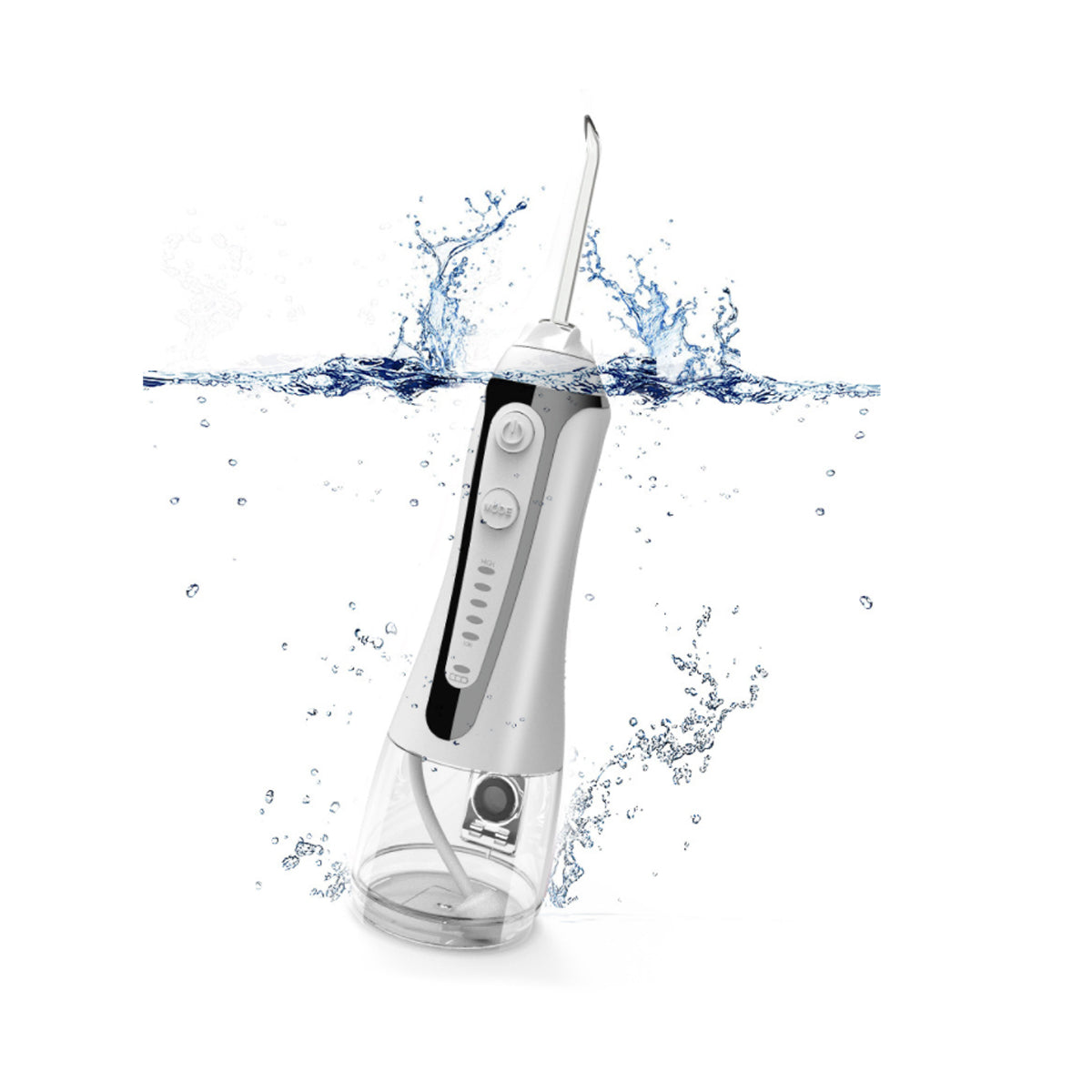 Portable Water Flosser And Pik For Dental Hygiene in action with water splash background.