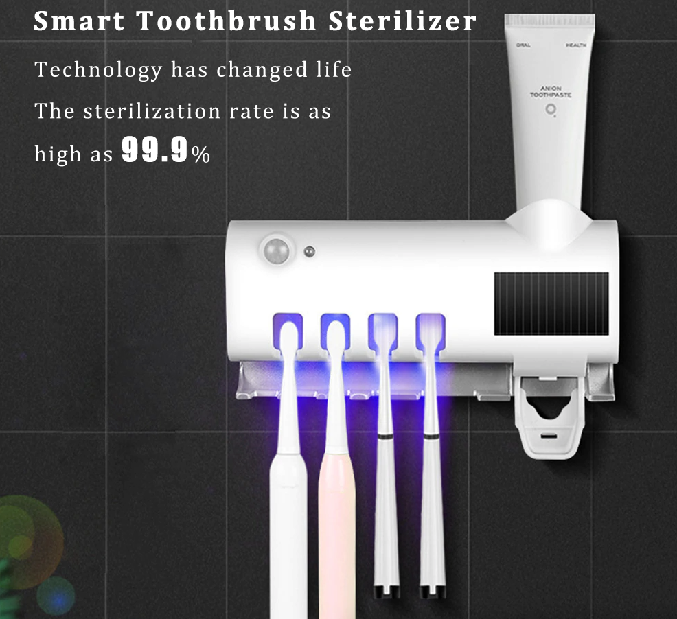 UV Light Sterilizer Toothbrush Holder Cleaner & Automatic Toothpaste Dispenser with toothbrushes and sterilization features.