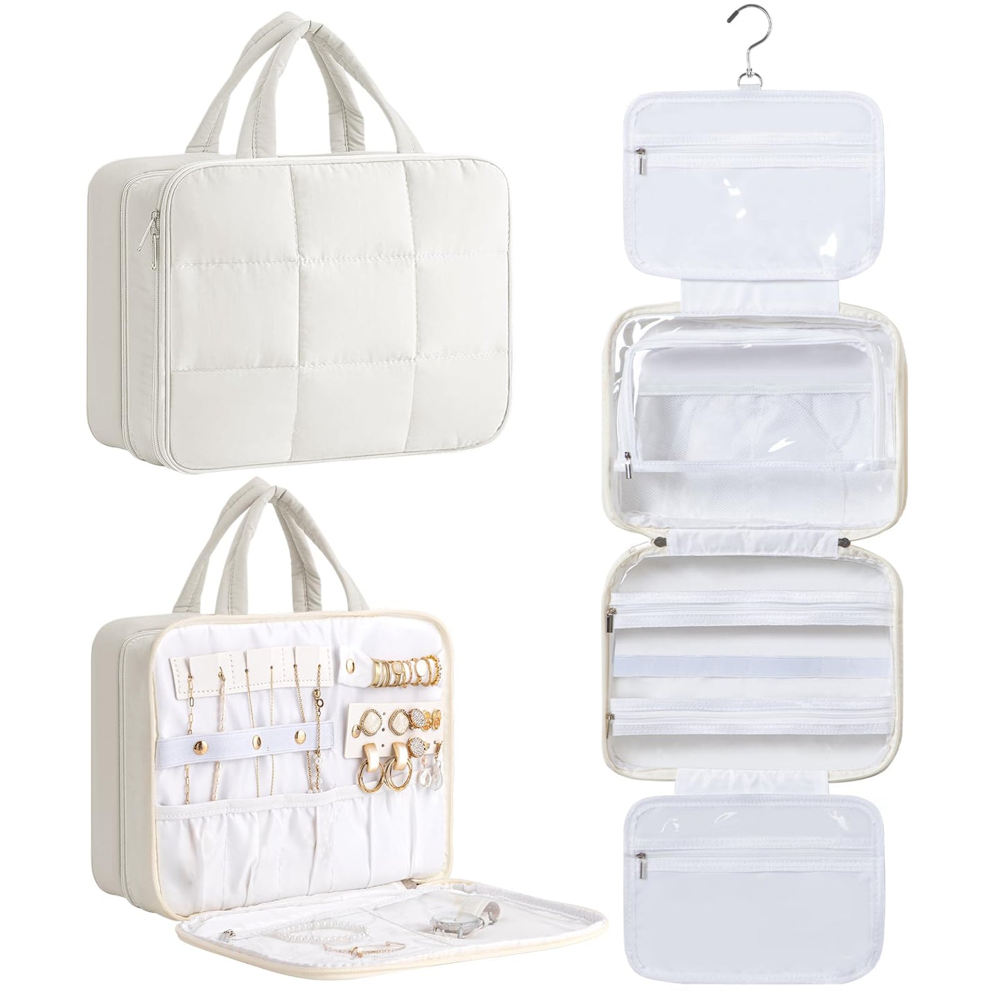 HBlife Travel Toiletry Bag with Jewelry Organizer for Women Puffy Hanging Travel Bag for Toiletries with Trolley Belt Waterproof Makeup Cosmetic Bag Travel Accessories Essentials(Beige M)