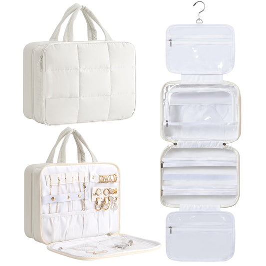 HBlife Travel Toiletry Bag with Jewelry Organizer for Women Puffy Hanging Travel Bag for Toiletries with Trolley Belt Waterproof Makeup Cosmetic Bag Travel Accessories Essentials(Beige M)