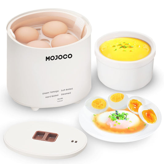 Mojoco Rapid Egg Cooker - Mini Egg Cooker for Steamed Hard Boiled Soft Boiled Eggs and Onsen Tamago - Electric Egg Boiler for Home Kitchen Dorm Use - Smart Egg Maker with Auto Shut OFF and Alarm