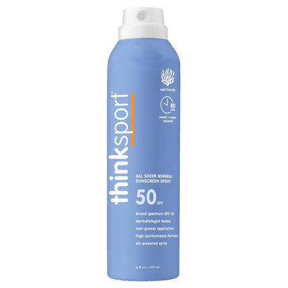 Thinksport Spray Sunscreen All Sheer SPF 50 Zinc Oxide Mineral Sunscreen 6 Fl Oz Natural Water Resistant Reef Safe Broad Spectrum UVA/UVB Sun Block for Sun Protection Vegan