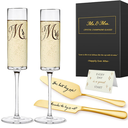 Yeegook Mr and Mrs Champagne Flutes Bride and Groom Champagne Glasses Wedding Glasses with Cake Cutting Set Bridal Shower Gifts Unique Wedding Gift Engagement Gifts for Couples