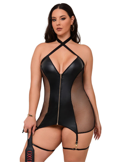 sunshinelady Women’s Plus Size Lingerie Set Leather Lingerie with Garter Set Sexy Sheer Babydoll Faux Leather Bodycon Dress Black