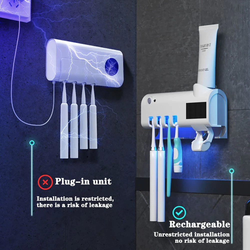 UV Light Sterilizer Toothbrush Holder Cleaner & Automatic Toothpaste Dispenser with plug-in and rechargeable options.