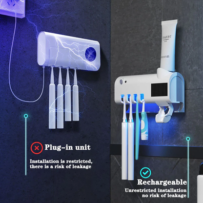 UV Light Sterilizer Toothbrush Holder Cleaner & Automatic Toothpaste Dispenser with plug-in and rechargeable options.