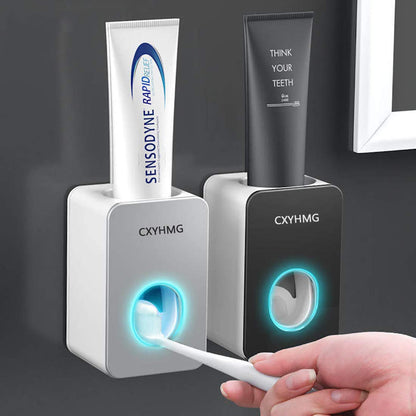 Toothpaste Dispenser 2 PCS Automatic Toothpaste Squeezer Dispenser for Kids & Family Shower is Wall Mount Bathroom Accessories with Super Sticky Suction Pad. (Black-Grey).
