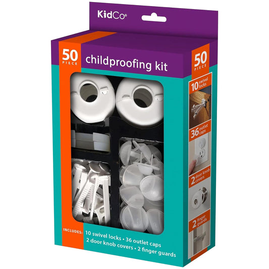 KidCo 50-Piece Baby Proofing Kit - 36 Outlet Covers 10 Cabinet Locks 2 Door Knob Covers & 2 Finger Guards Baby Essentials Starter Pack for Child Safety at Home