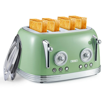 Wiltal Toaster 4 Slice Retro Green Toaster Bagel Toaster With Stainless Steel Lid. Reheat Defrost and Cancel Functions Countdown Function 6 Browning Levels Stainless Steel Material TR03