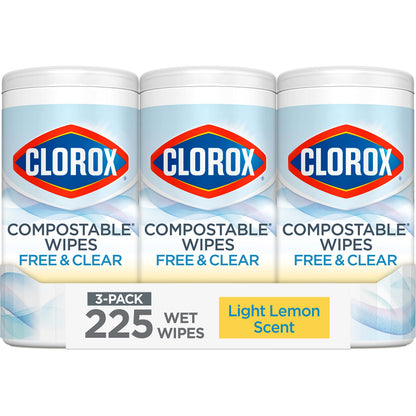 Clorox Free & Clear Compostable Cleaning Wipes Light Lemon Scent 75 Count Pack of 3 (Pack May Vary)