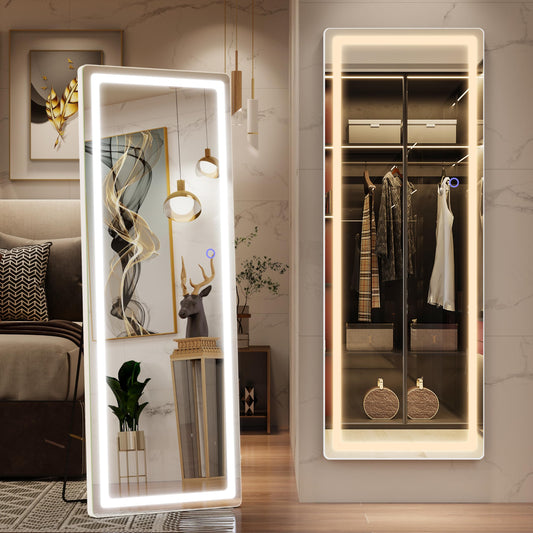 FENNIO Full Length Mirror with Lights 61" x 21" LED Full Body Mirror Free Standing Lighted Floor Mirror Wall Mounted Hanging Mirror with Lights for Bedroom Salon Dimmable & 3 Color Lighting