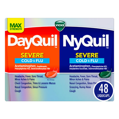 VICKS DayQuil & NyQuil SEVERE Co-Pack Cold & Flu Medicine Powerful Relief for Headache Fever Sore Throat Minor Aches & Pains Congestion Sinus Pressure Stuffy Nose and Cough 48 LiquiCaps