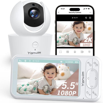 Video Baby Monitor with Camera and Audio 5.5" Big Screen 2K Camera and 1080P Monitor Smart 2.4G WiFi Baby Camera APP & Monitor & Alexa Control Cycle Recording and Storage(Card Not Included)