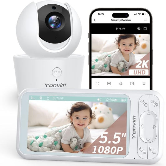 Video Baby Monitor with Camera and Audio 5.5" Big Screen 2K Camera and 1080P Monitor Smart 2.4G WiFi Baby Camera APP & Monitor & Alexa Control Cycle Recording and Storage(Card Not Included)